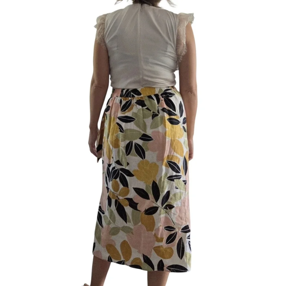 Rachel Zoe 100% Linen Floral Wrap Skirt Tie Waist Midi Small Boho Cottage Coast